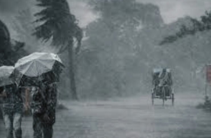 মেঘলা আকাশ ও ঝড়ো হাওয়ার সাথে বৃষ্টির প্রাকৃতিক দৃশ্য